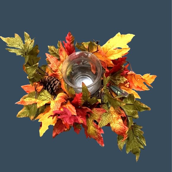 THANKSGIVING MAPLE LEAF ARRANGEMENT WITH CENTER GLASS VASE CANDLE HOLDER - Picture 2 of 9